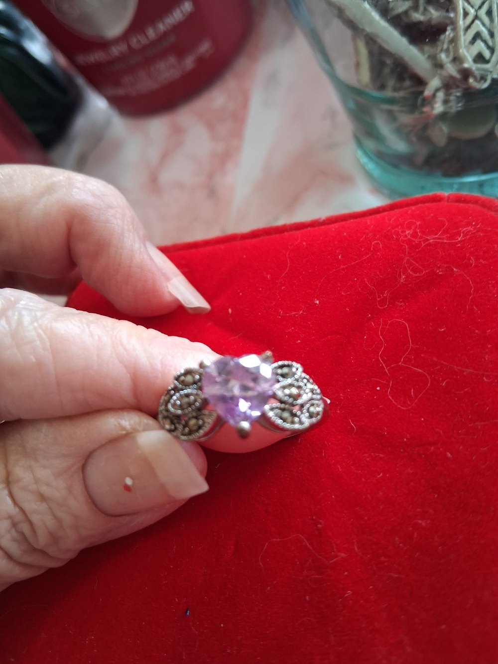 Source Unknown Sterling Silver Heart Amethyst Ring with Marcasite Accents